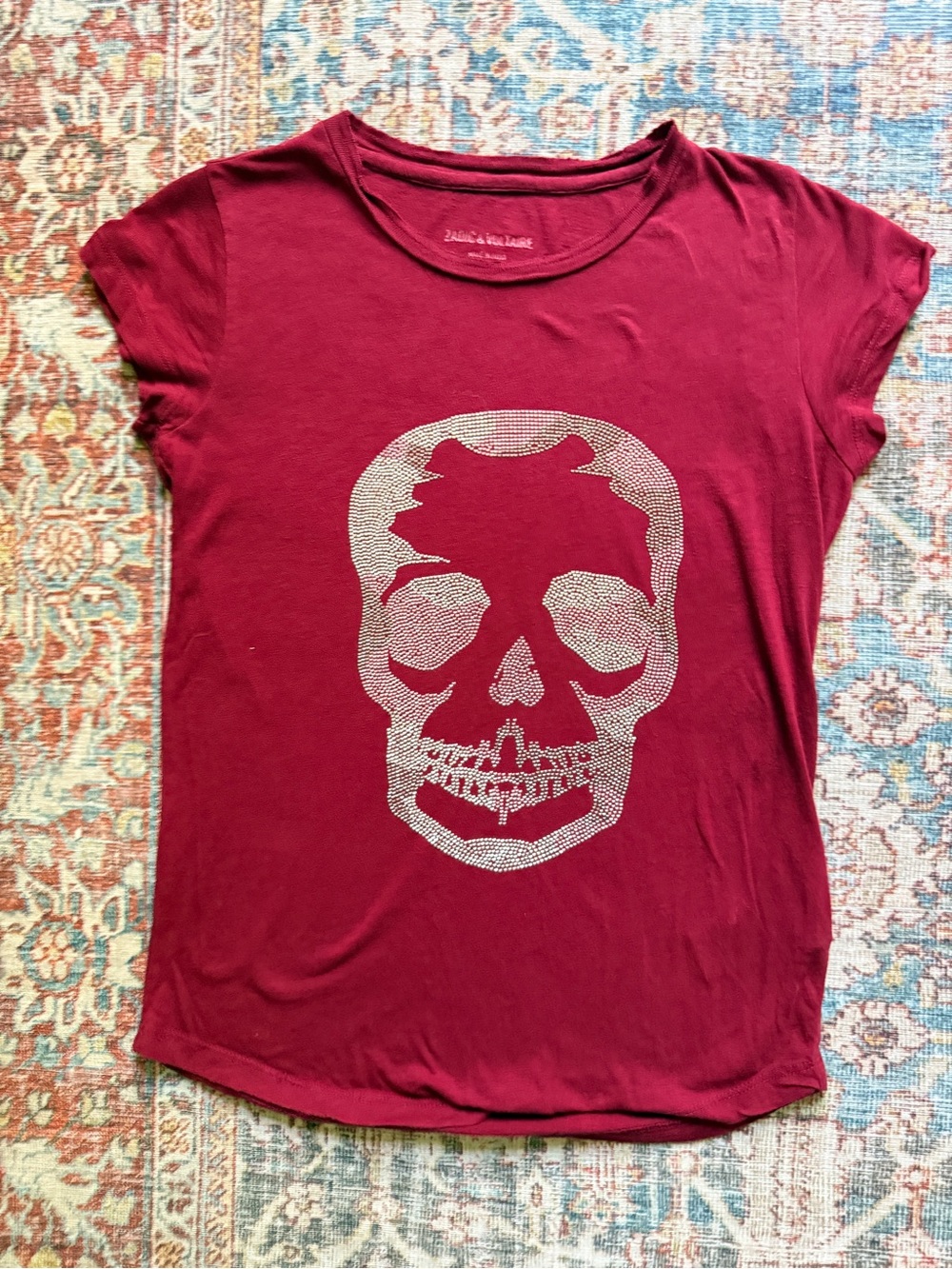 Zadig & Voltaire Burgundy Studded Skull Skinny Tee T-Shirt Size S